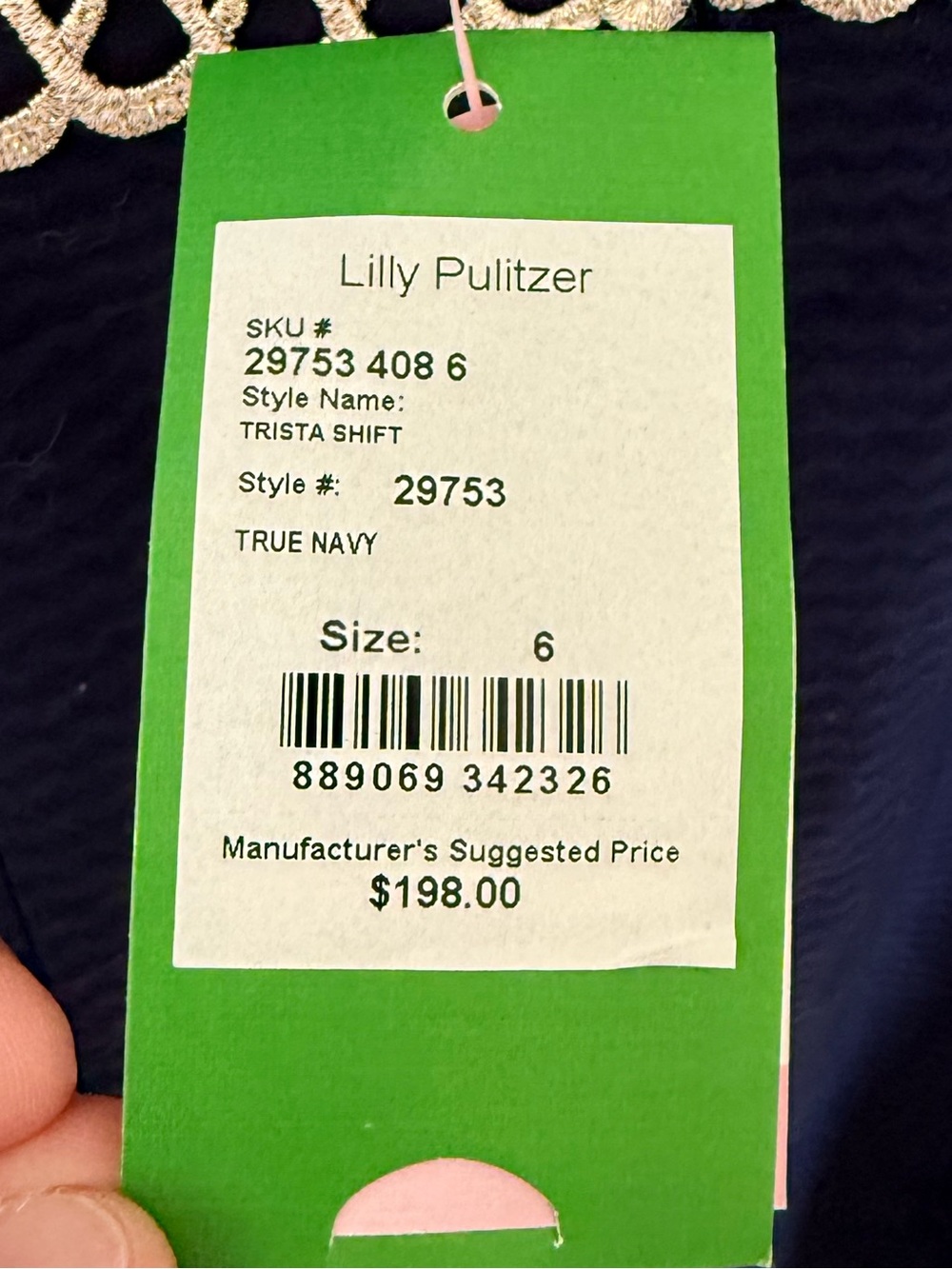 Lilly Pulitzer True Navy Shift Dress with Cream Crochet Waist Trim - Picture 6 of 7